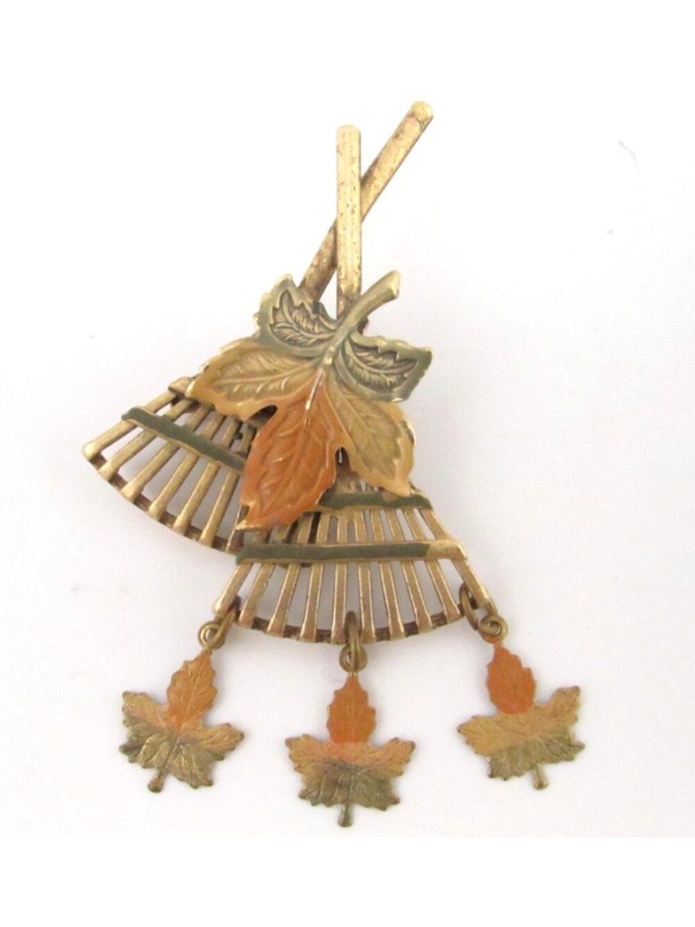 Vintage Fall Pin Brooch Rake Multicolor Enamel Dangle Leaves Fall Colors